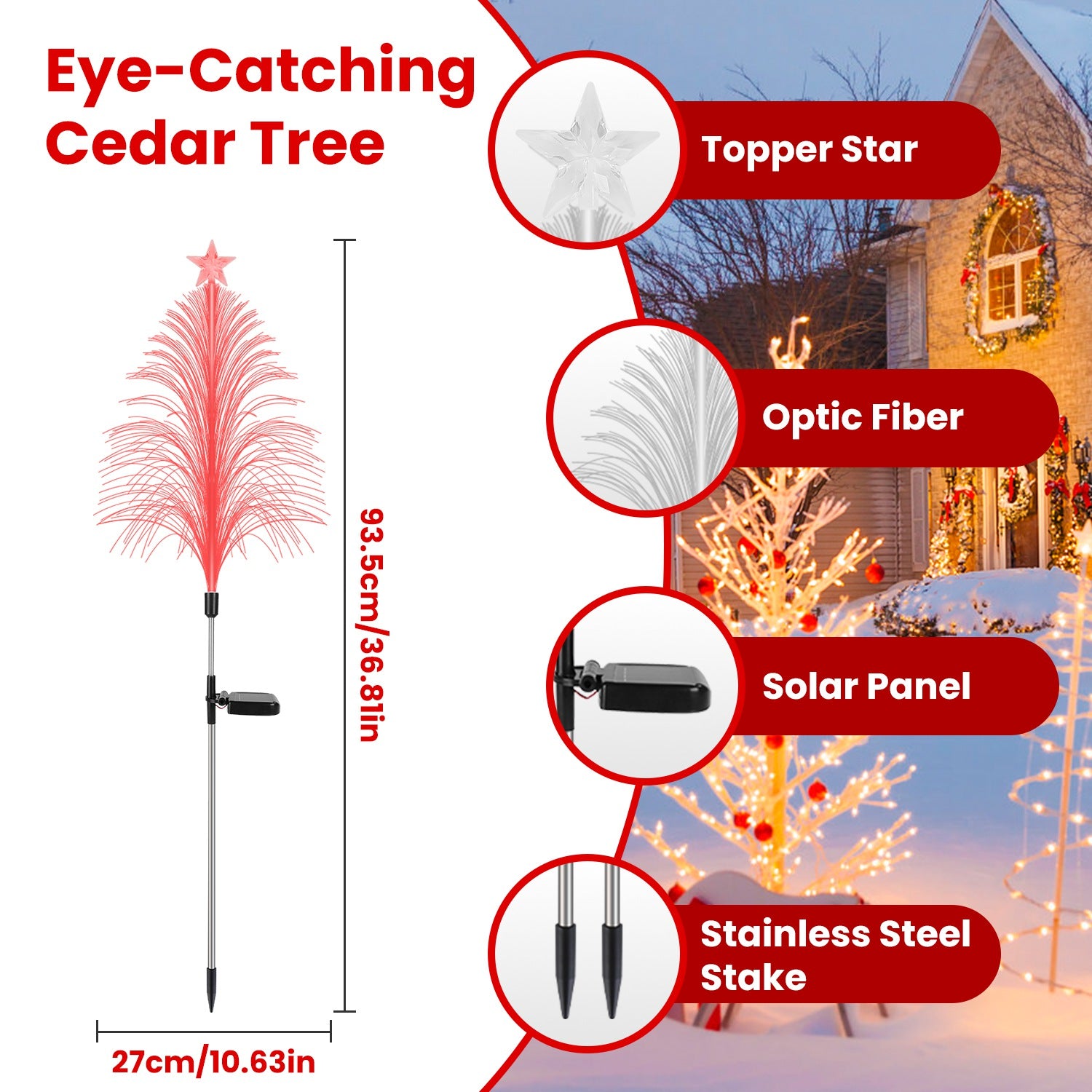 4Pack 7 Color Changing Solar Christmas Tree Lights Outdoor Optical Fiber Stake Lights Cedar Tree Lights With Topper Star IP44 Waterproof For Garden Yard Pathway Lawn