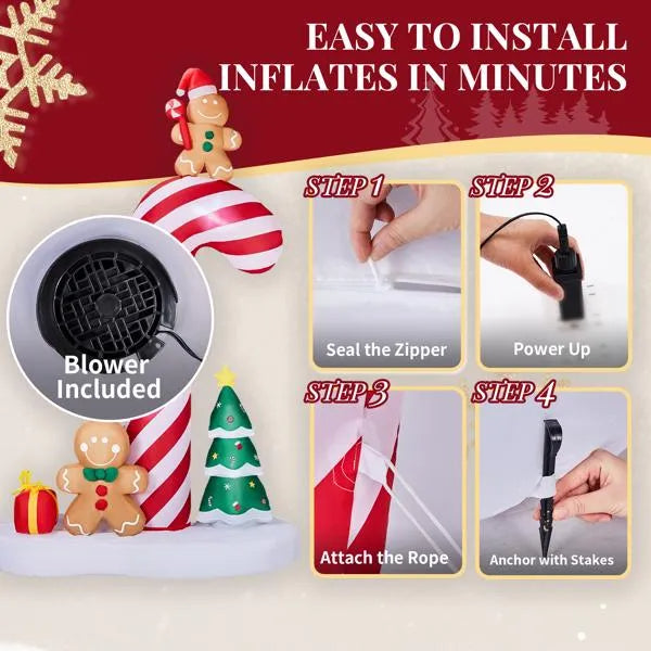 8.2FT Lighted Christmas Inflatable Decoration, Inflatable Giant Candy Cane With Gingerbread Men, Funny Blow Up Yard Decorations With Built-in LED Lights For Holiday Party Front Yard Lawn Garden Decor